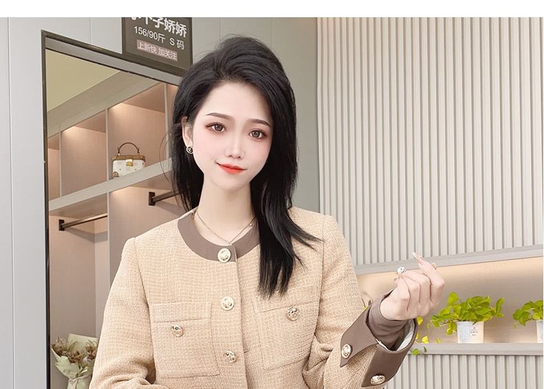 Round Neck Two Tone Tweed Button Jacket