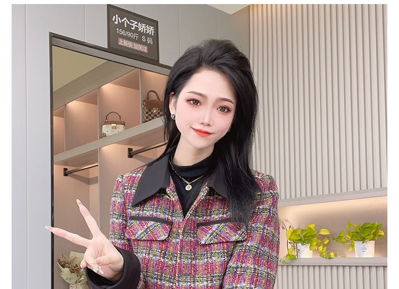 Collar Plaid Tweed Button Jacket