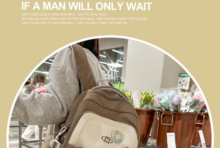 Nylon Backpack Embroidered Lettering Drawstring Set Mesh Panel Brooch /