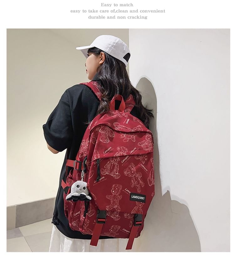 Print Nylon Buckled Backpack Bear