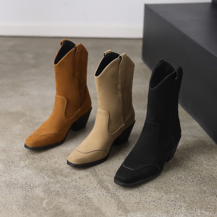 Toe Mid Heel Calf Suede Panel Block Faux Boots Square