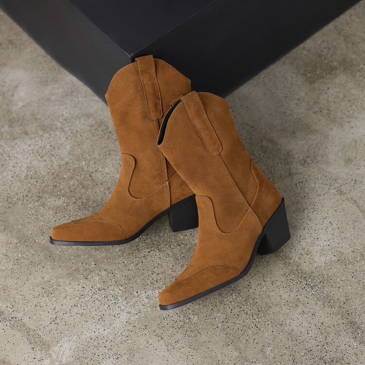 Toe Mid Heel Calf Suede Panel Block Faux Boots Square