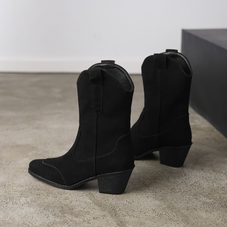 Toe Mid Heel Calf Suede Panel Block Faux Boots Square