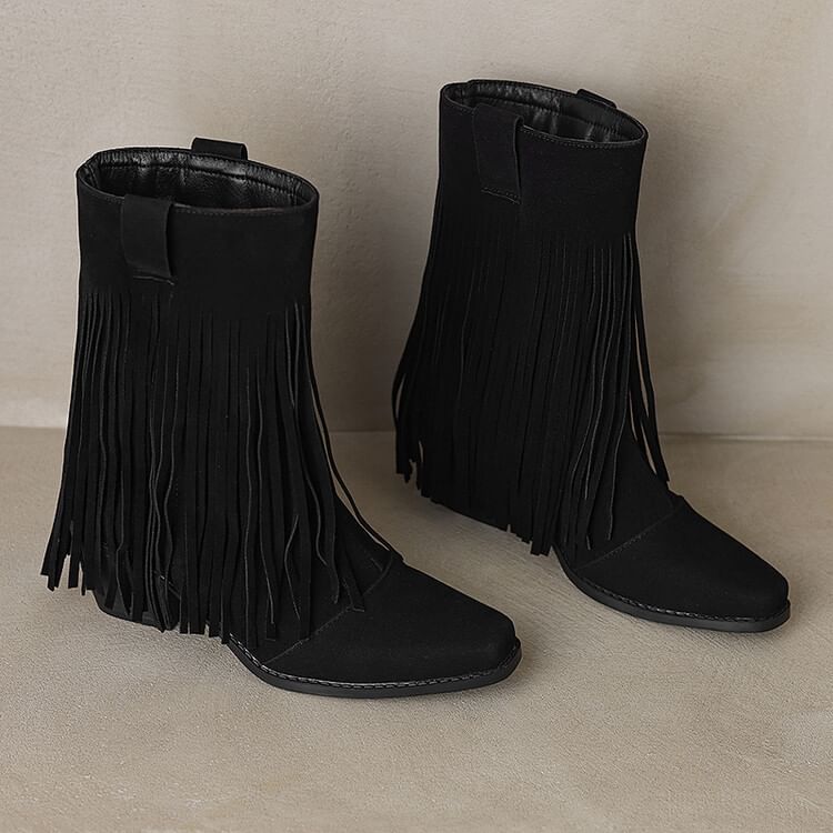 Toe Heel Square Calf Boots Suede Fringe Faux Mid Block