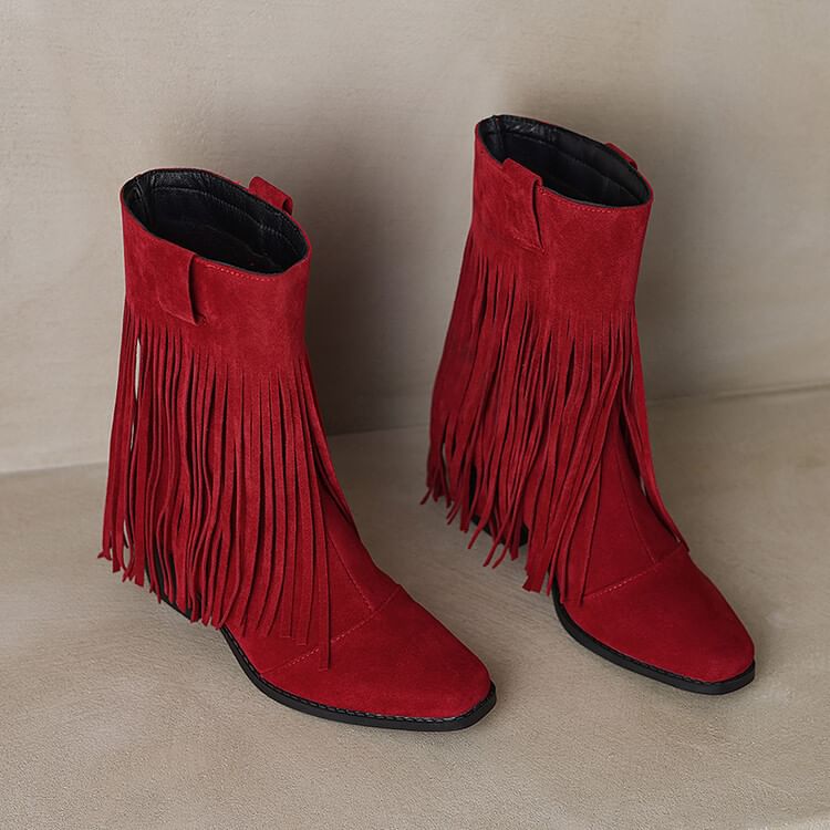 Toe Heel Square Calf Boots Suede Fringe Faux Mid Block