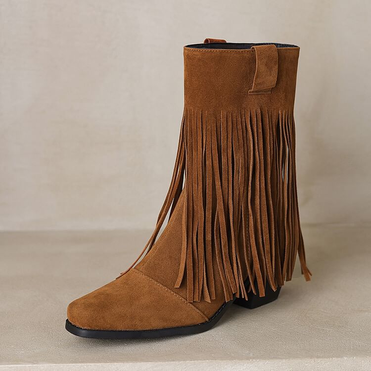 Toe Heel Square Calf Boots Suede Fringe Faux Mid Block