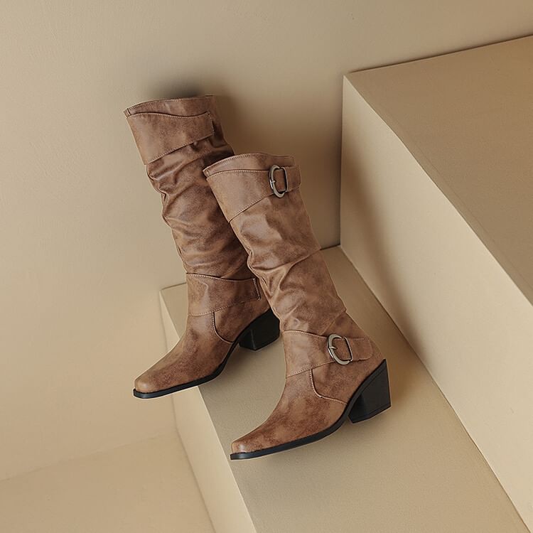Heel Block Square Buckled Knee Toe Boots High