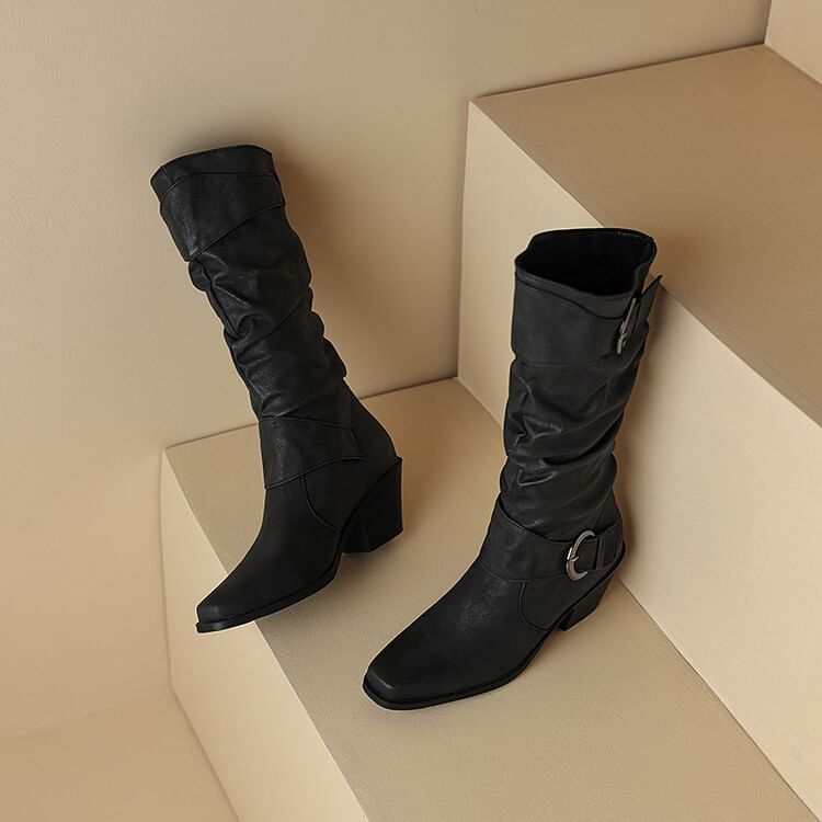 Heel Block Square Buckled Knee Toe Boots High