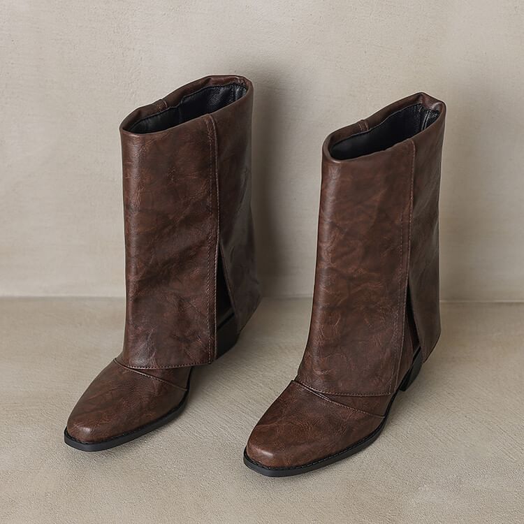 Boots Toe Calf Panel Heel Square Block Mid