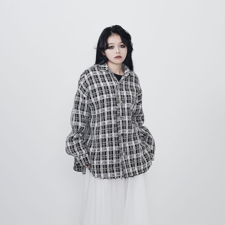 Collar Plaid Button Tweed Shacket