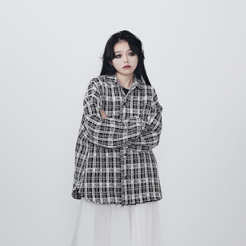 Collar Plaid Button Tweed Shacket