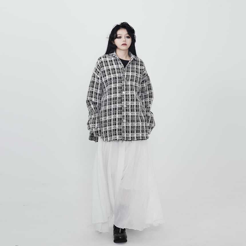 Collar Plaid Button Tweed Shacket