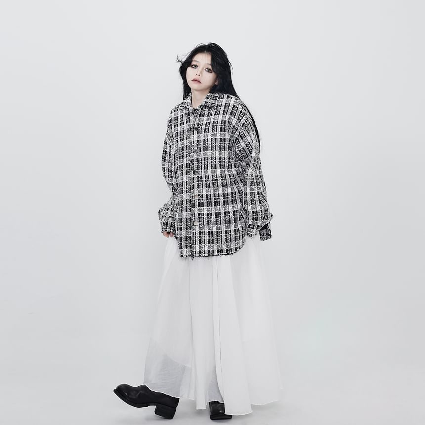 Collar Plaid Button Tweed Shacket