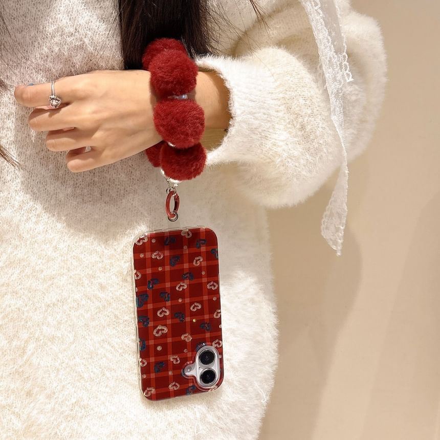 Set Plaid / Case Strap Phone Heart Pom