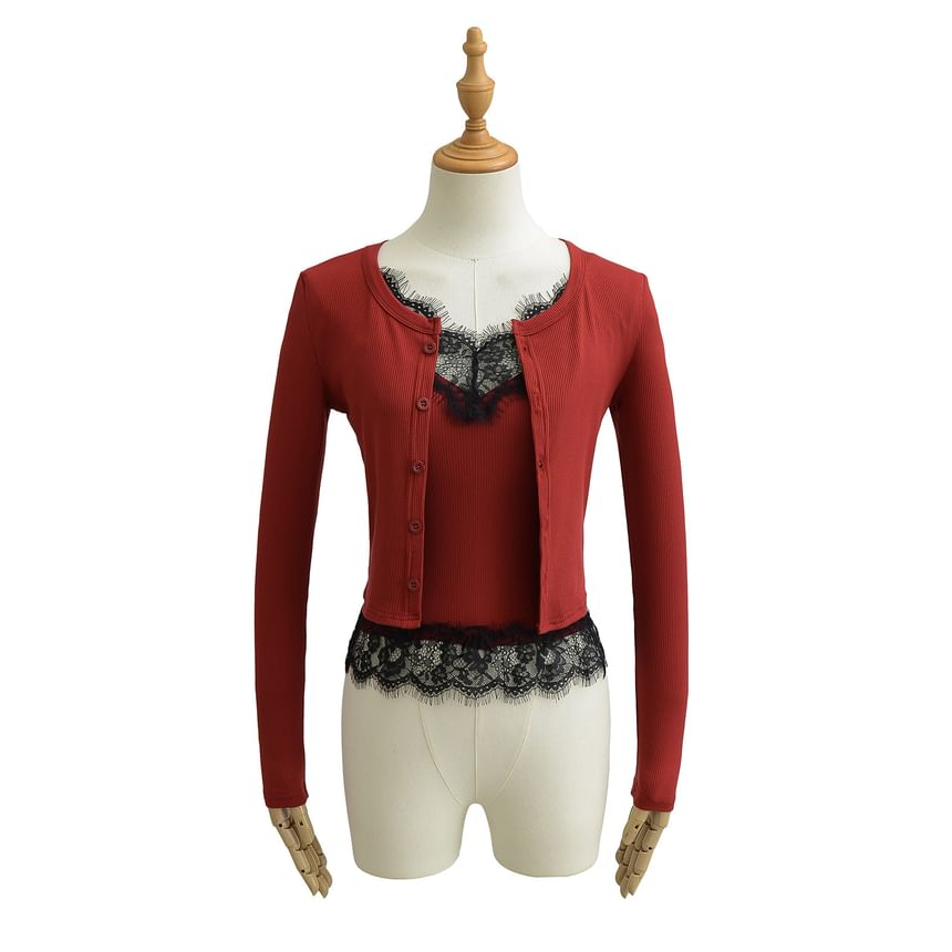 Lace-Trim Camisole & Crew Cardigan Co-ord Set