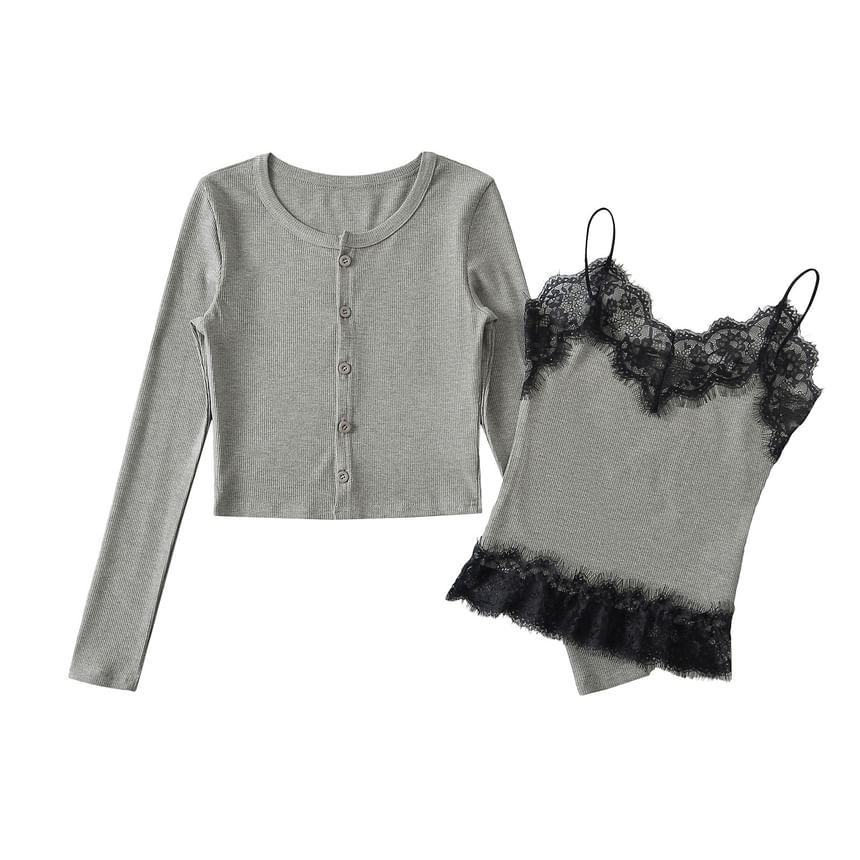 Lace-Trim Camisole & Crew Cardigan Co-ord Set