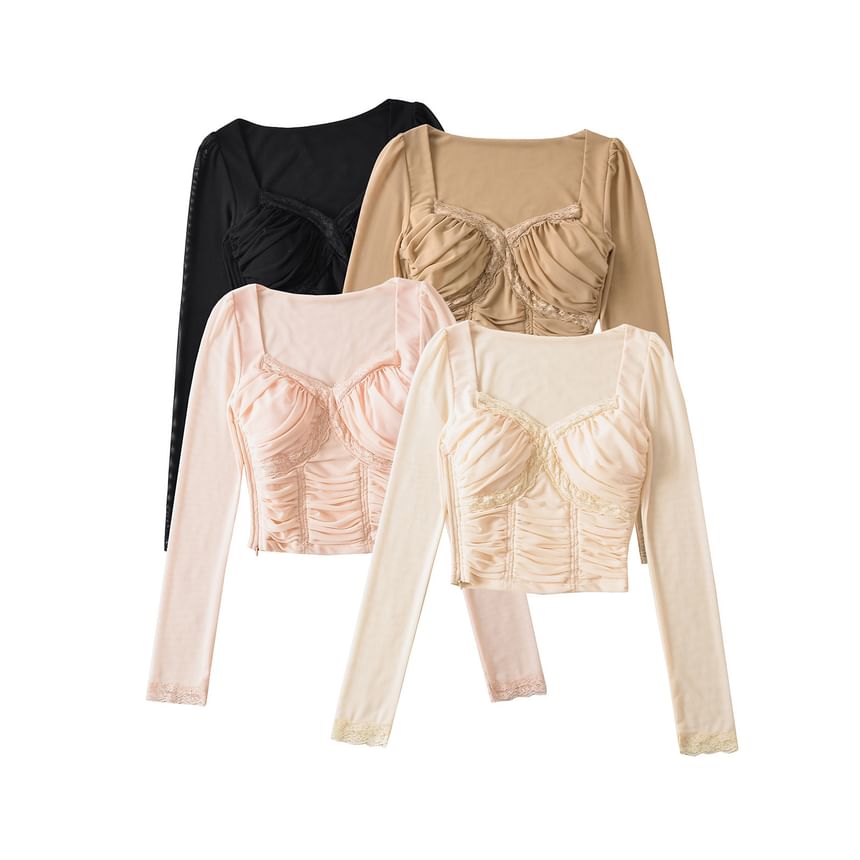 Ruched Crop Lace-Trim Slim Long-Sleeve Tee