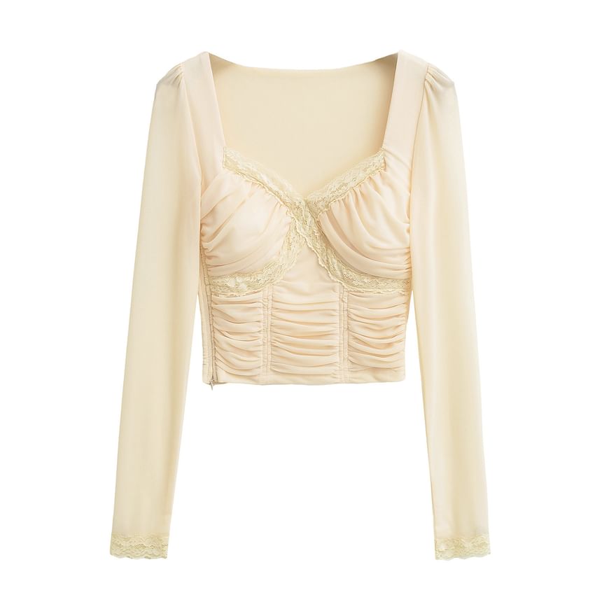 Ruched Crop Lace-Trim Slim Long-Sleeve Tee