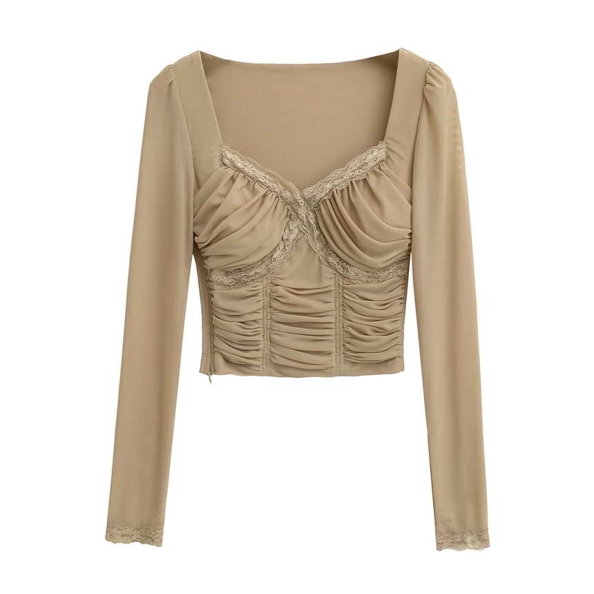 Ruched Crop Lace-Trim Slim Long-Sleeve Tee