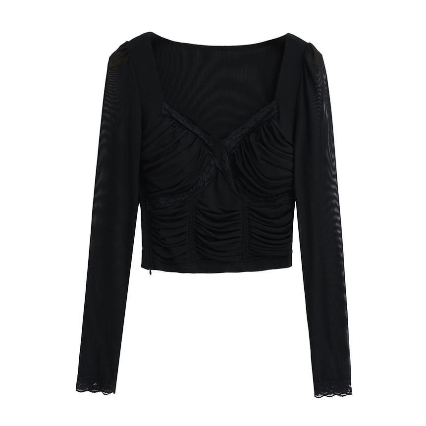 Ruched Crop Lace-Trim Slim Long-Sleeve Tee