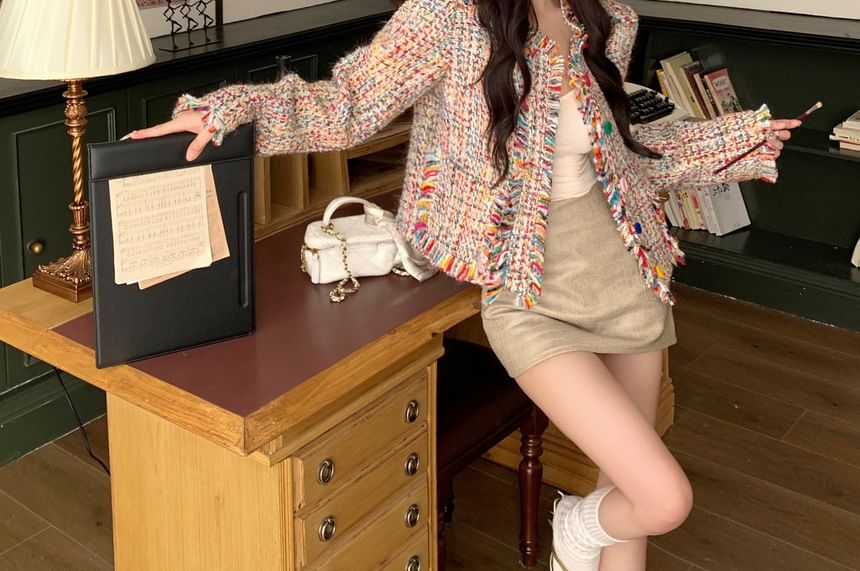 Tweed Tassel Trim Button-Up Jacket