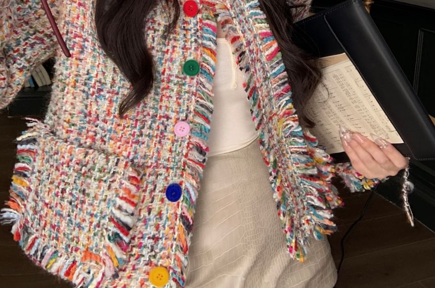Tweed Tassel Trim Button-Up Jacket