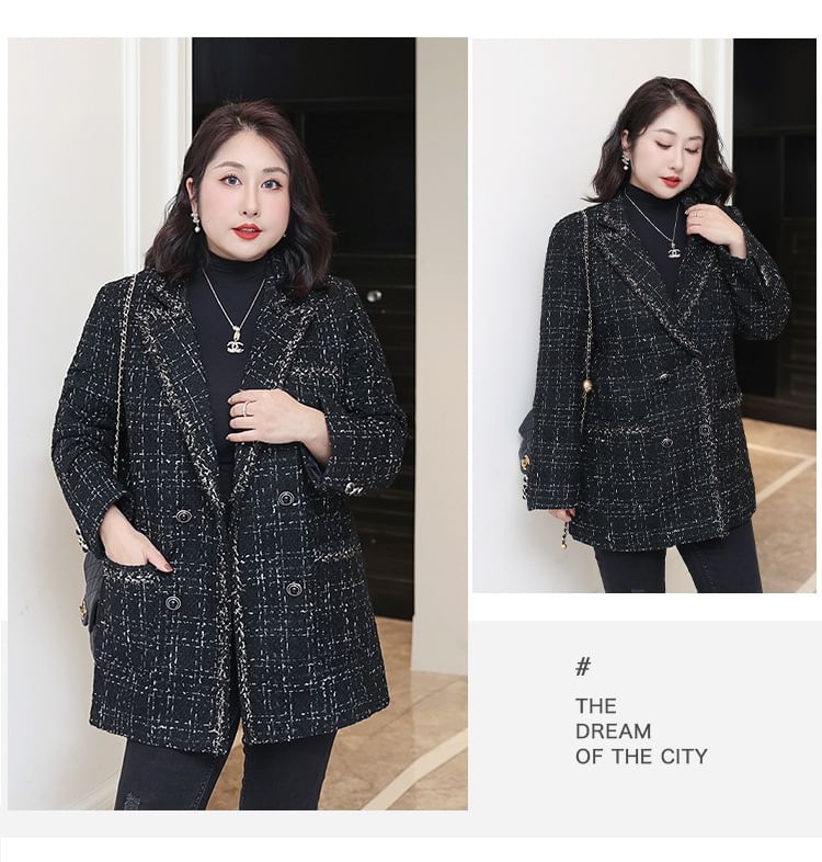 Notch Lapel Plaid Tweed Double-Breasted Blazer
