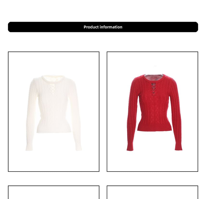 Crew Neck Lace-Up Cable Knit Crop Sweater
