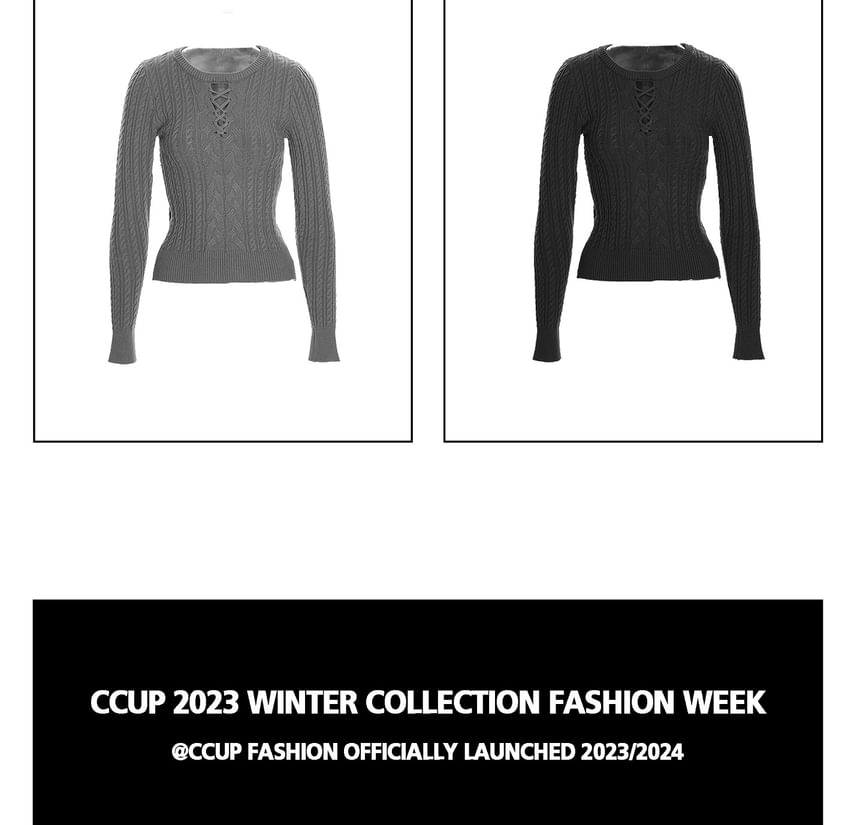 Crew Neck Lace-Up Cable Knit Crop Sweater