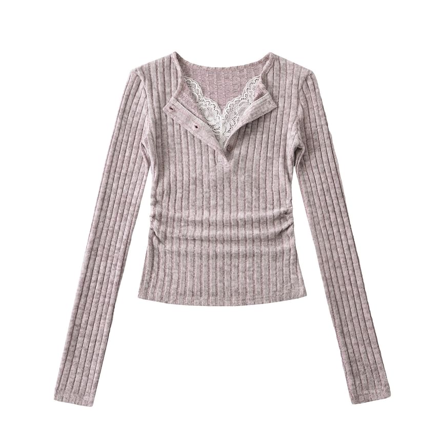 Split Neck Mock Two-Piece Ruched Lace Crop Tee