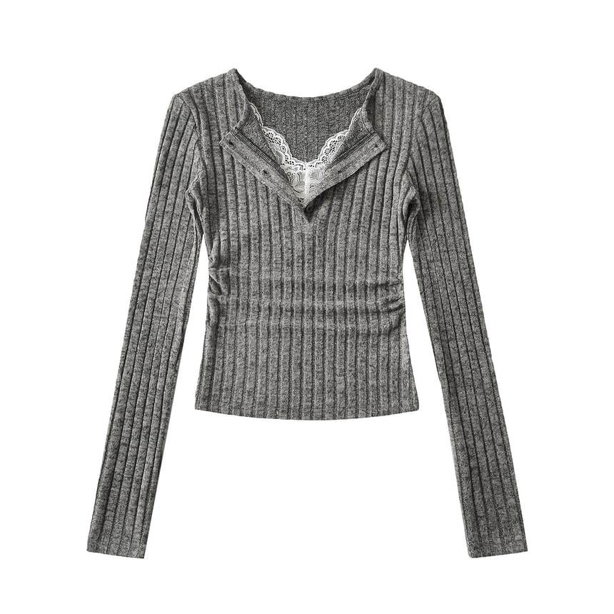 Split Neck Mock Two-Piece Ruched Lace Crop Tee