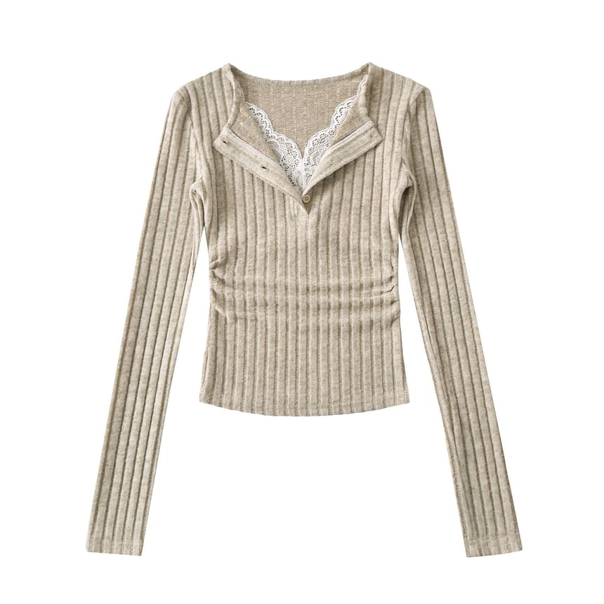 Split Neck Mock Two-Piece Ruched Lace Crop Tee