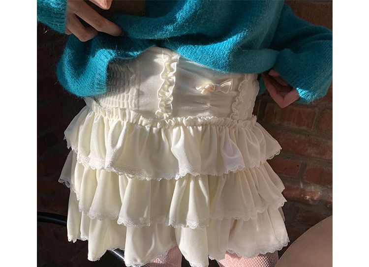 A-Line Ruffle Plain Rise High Skirt Mini Tiered