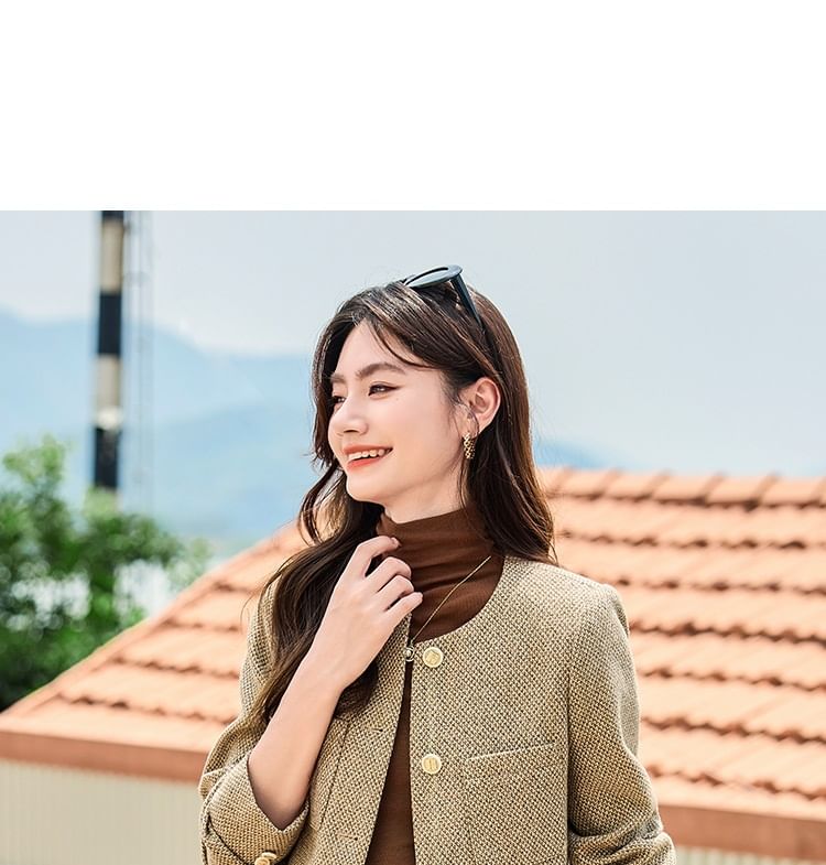 Tweed Button-Up Jacket / High Rise Midi A-Line Skirt