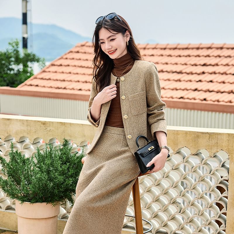 Set: Tweed Button-Up Jacket + High Rise Midi A-Line Skirt