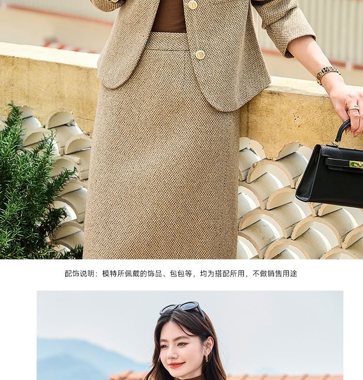 Set: Tweed Button-Up Jacket + High Rise Midi A-Line Skirt
