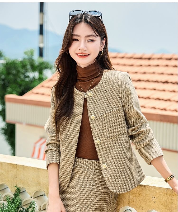 Set: Tweed Button-Up Jacket + High Rise Midi A-Line Skirt