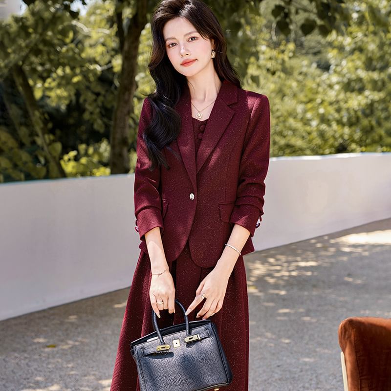 Sleeveless Tweed Midi A-Line Dress / One Buttoned Blazer