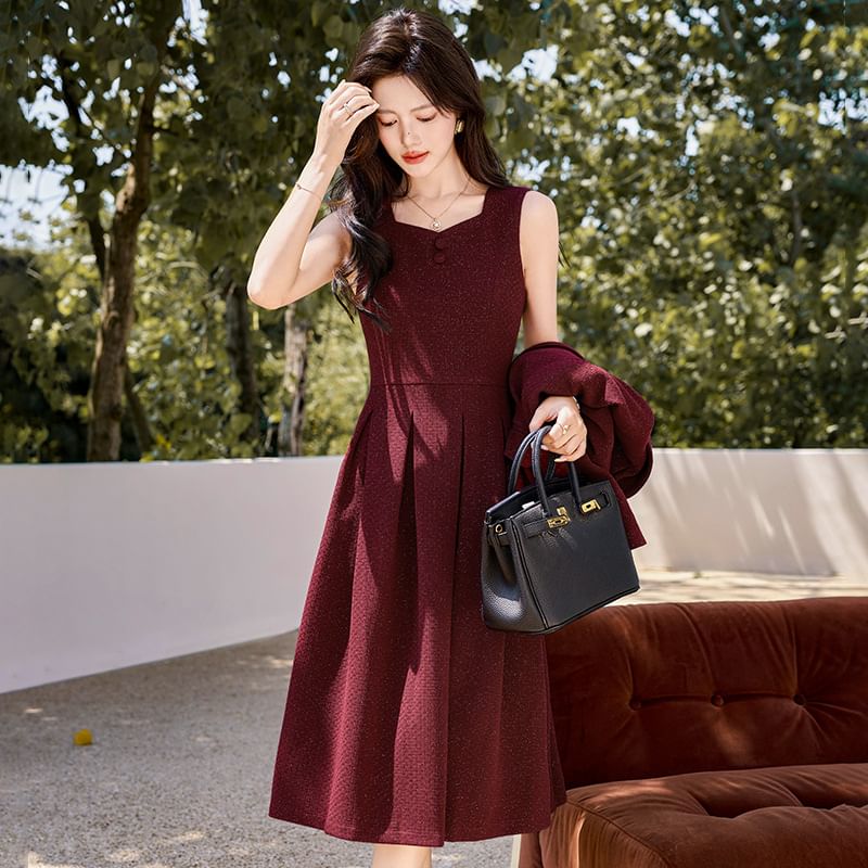 Sleeveless Tweed Midi A-Line Dress / One Buttoned Blazer