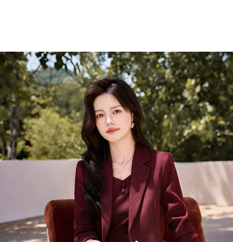 Sleeveless Tweed Midi A-Line Dress / One Buttoned Blazer