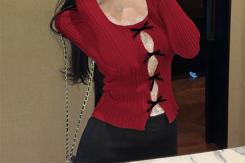 Bowknot Crop Knit with Lace Panel and Round Neck