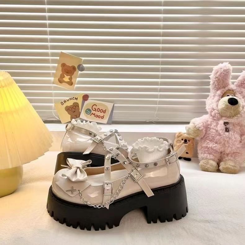 Pumps Chunky Heel Strap Cross Jane Studded Bow Platform Mary