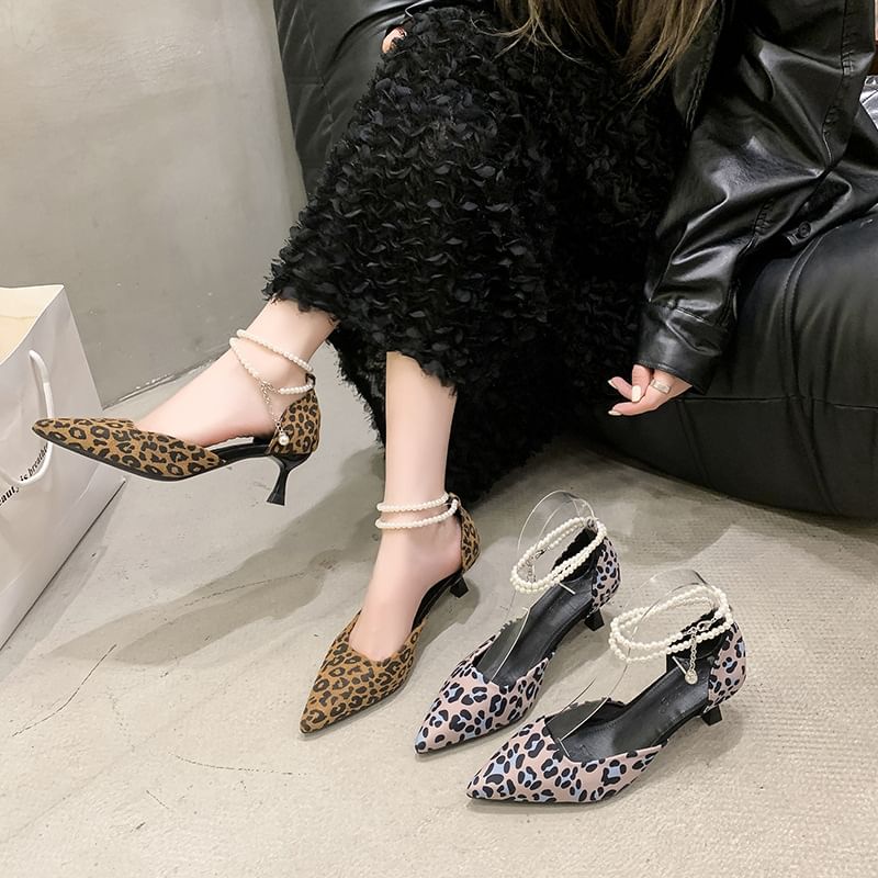 Pointed Leopard Heel Kitten Ankle Print Sandals Strap