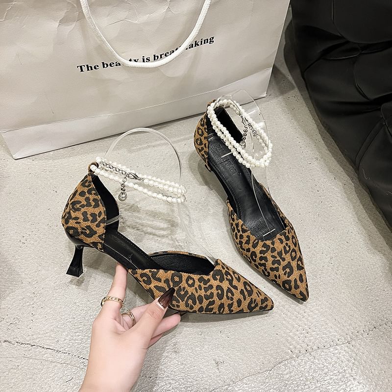 Pointed Leopard Heel Kitten Ankle Print Sandals Strap