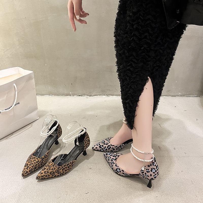 Pointed Leopard Heel Kitten Ankle Print Sandals Strap