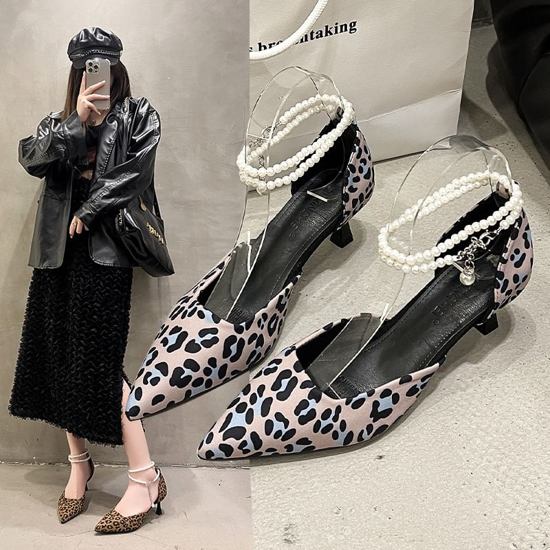 Pointed Leopard Heel Kitten Ankle Print Sandals Strap