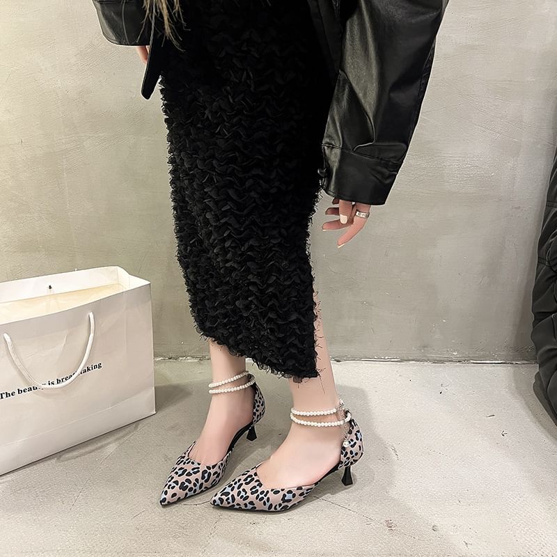 Pointed Leopard Heel Kitten Ankle Print Sandals Strap