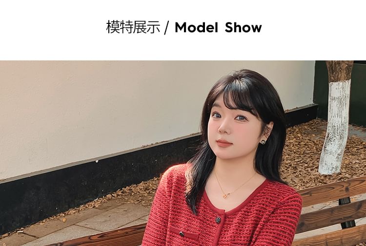 Crew Neck Tweed Button-Up Cardigan