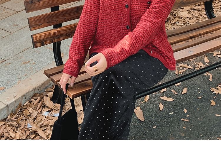 Crew Neck Tweed Button-Up Cardigan