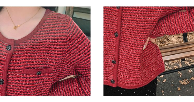 Crew Neck Tweed Button-Up Cardigan